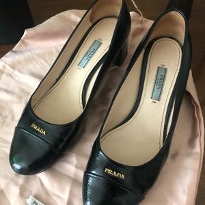 Patent Prada block heels in black